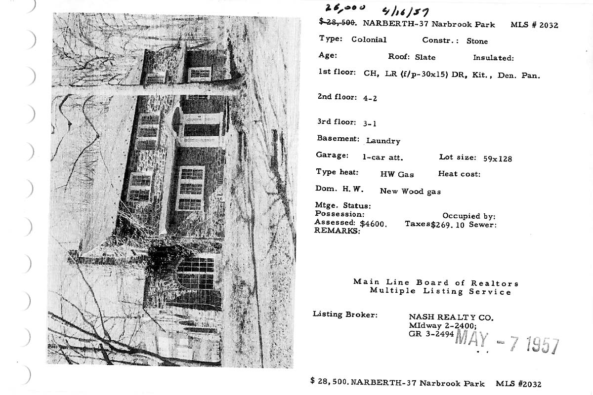 37 Narbrook Park real estate listing, 1957