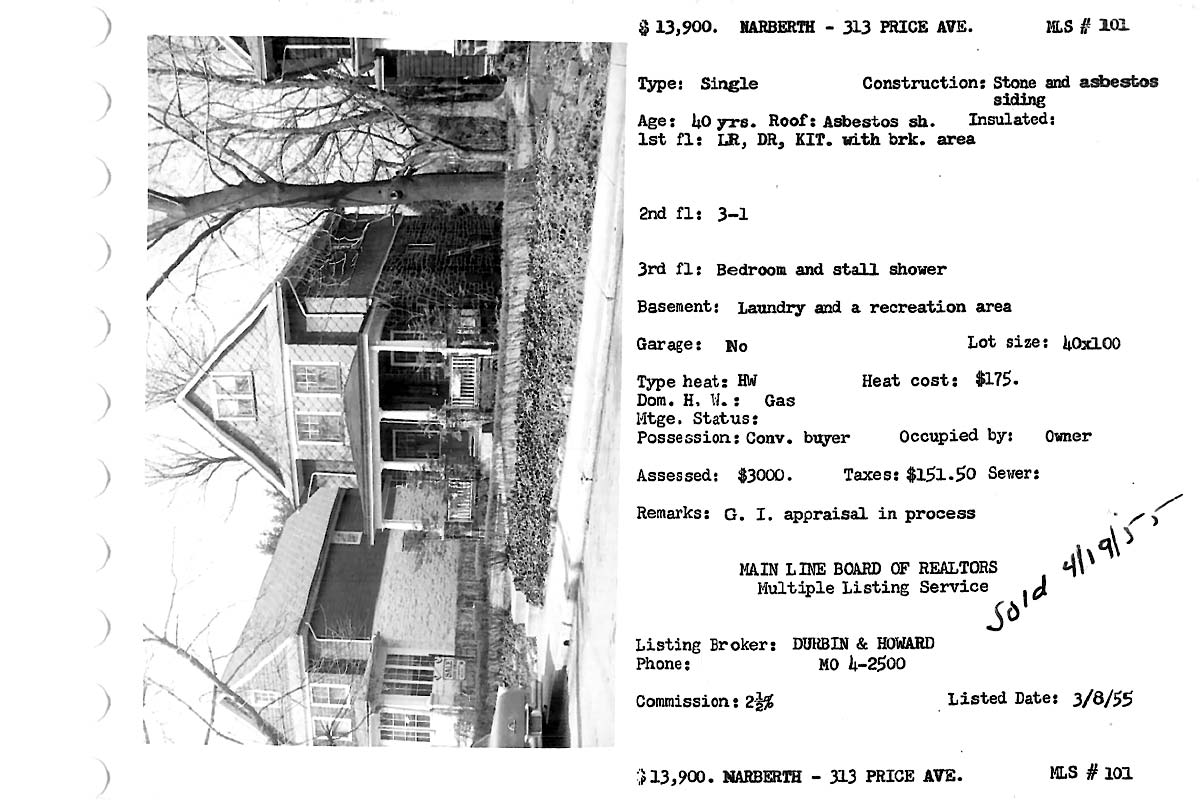 313 Price Avenue real estate listing, 1955