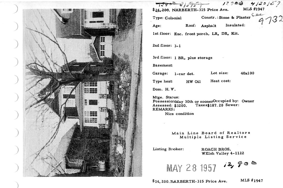 315 Price Avenue real estate listing, 1957
