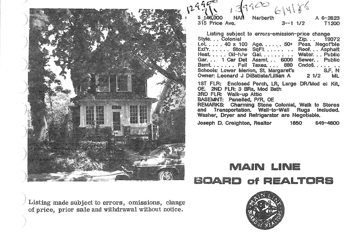 315 Price Avenue real estate listing, 1986