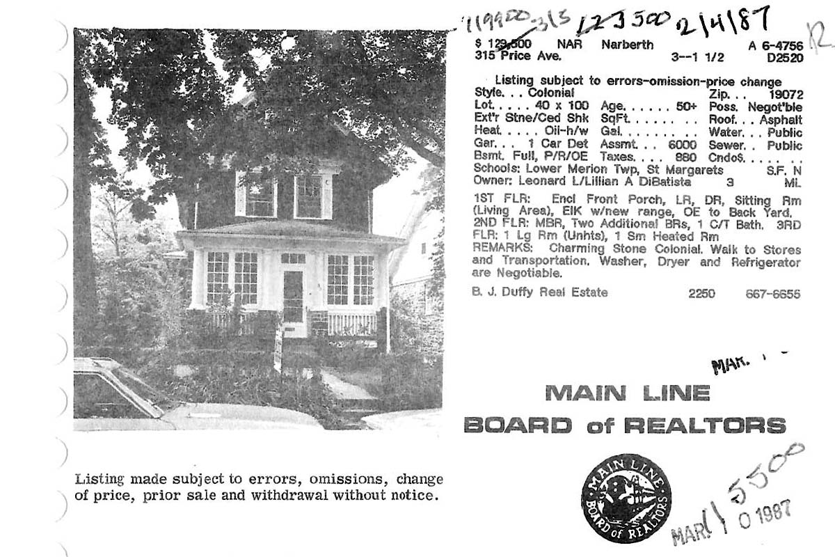 315 Price Avenue real estate listing, 1986