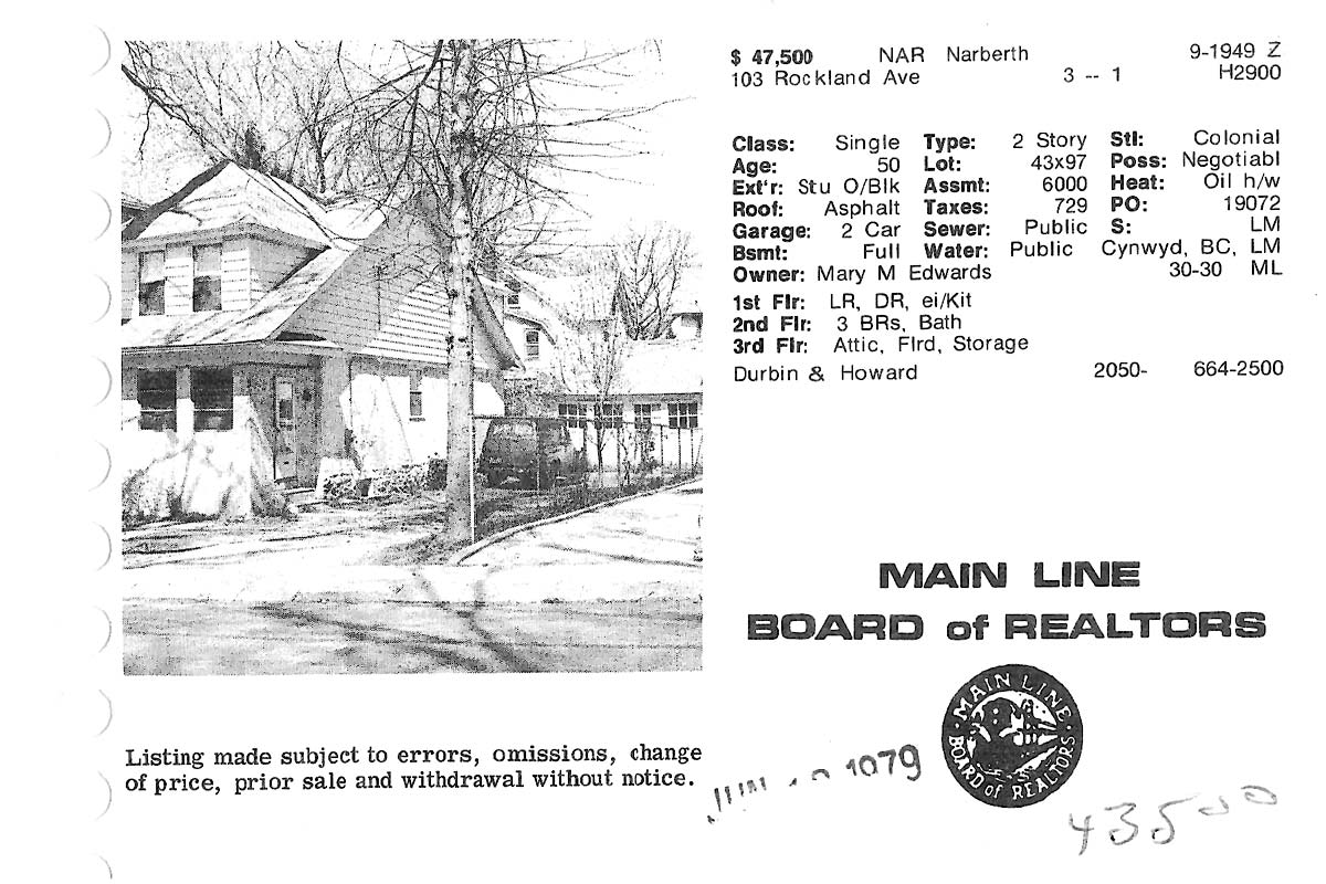 103 Rockland Avenue real estate listing, 1979