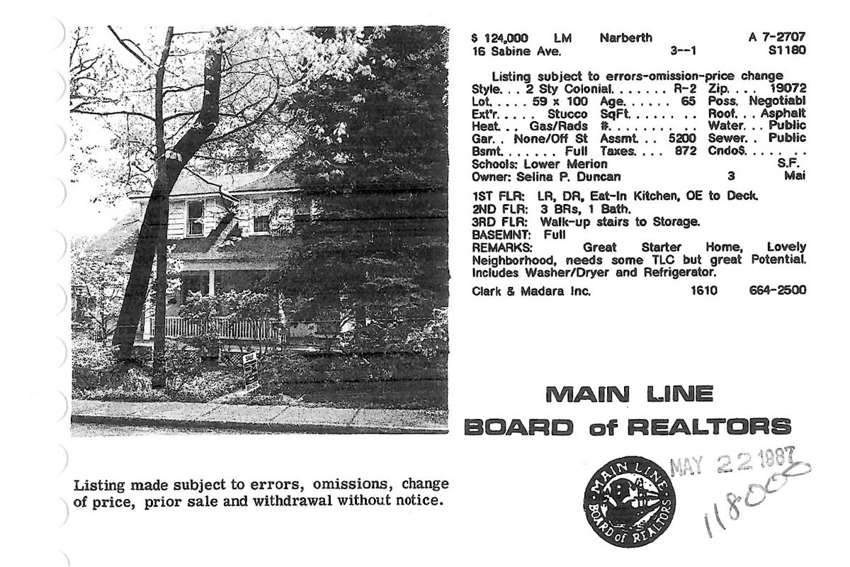 16 Sabine Avenue real estate listing, 1987