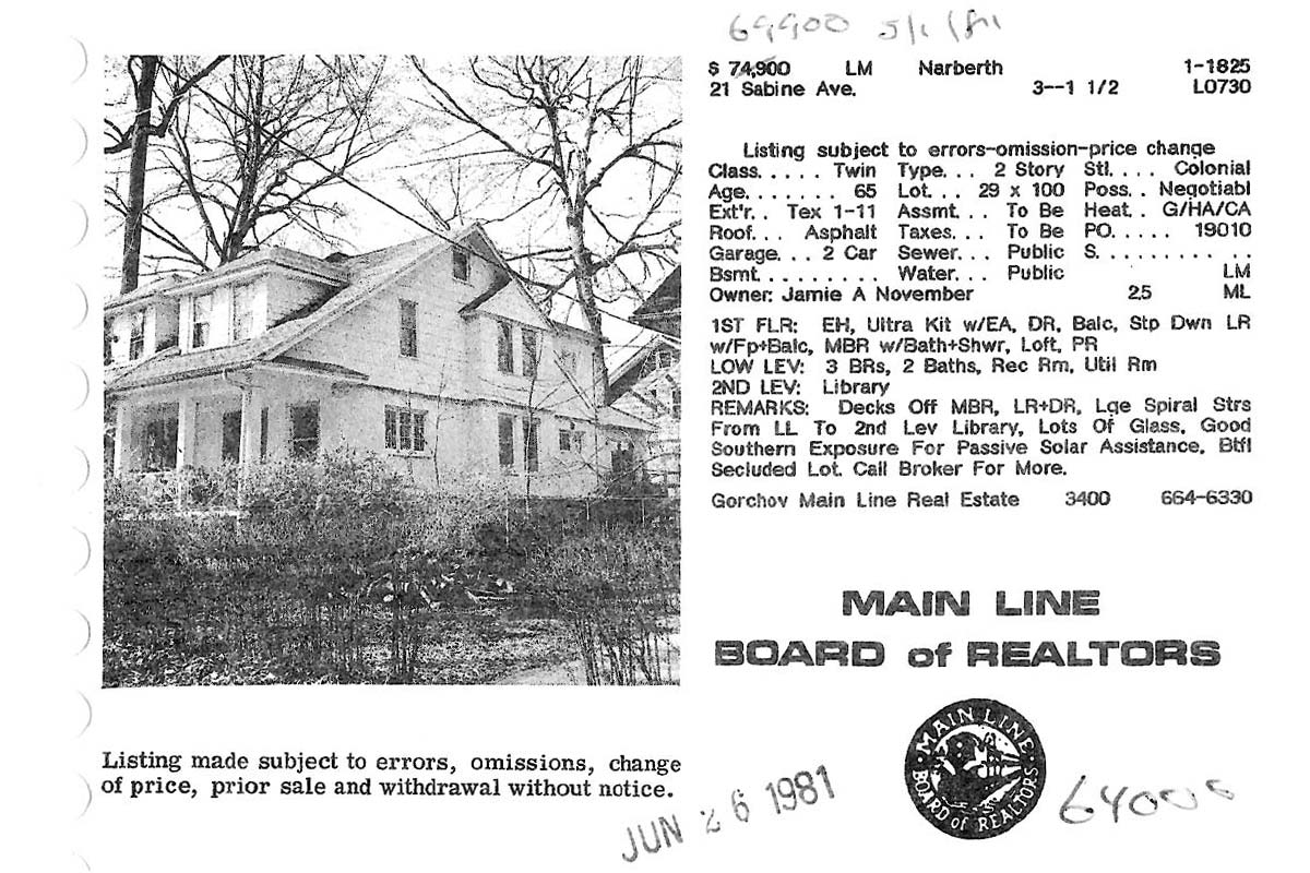 21 Sabine Avenue real estate listing, 1981