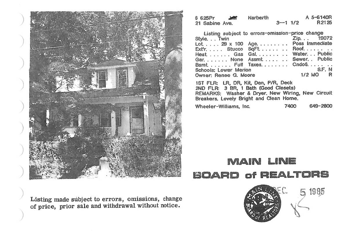 21 Sabine Avenue real estate listing, 1985