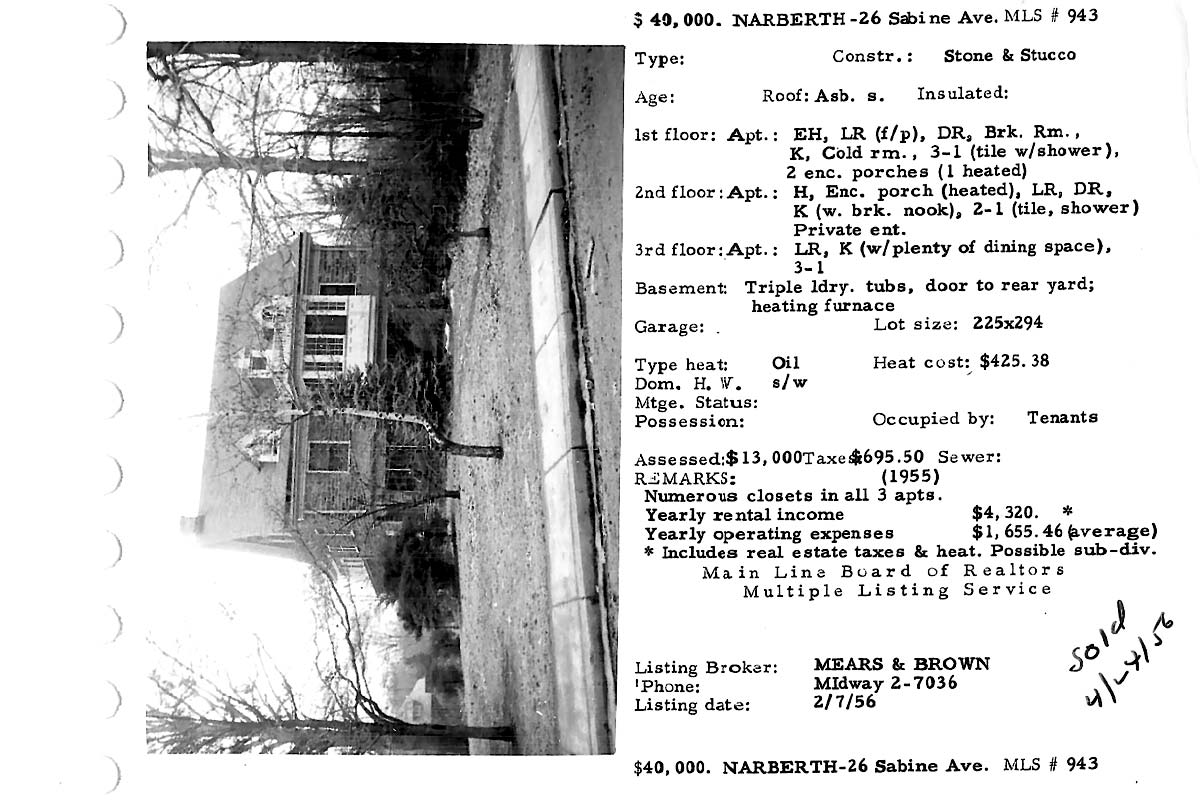 26 Sabine Avenue real estate listing, 1956
