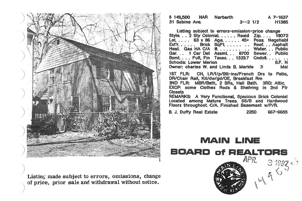 31 Sabine Avenue real estate listing, 1987