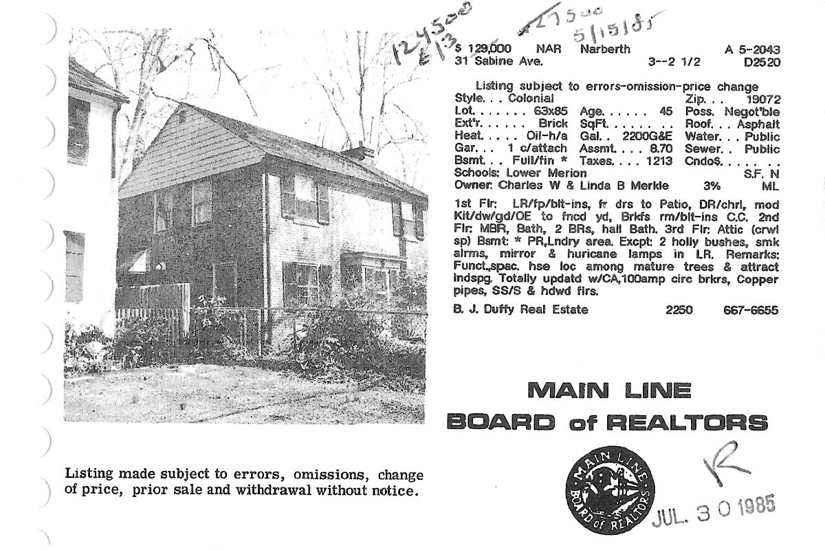 31 Sabine Avenue real estate listing, 1985