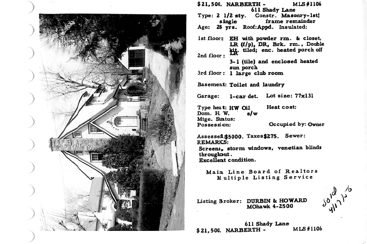611 Shady Lane real estate listing, 1956