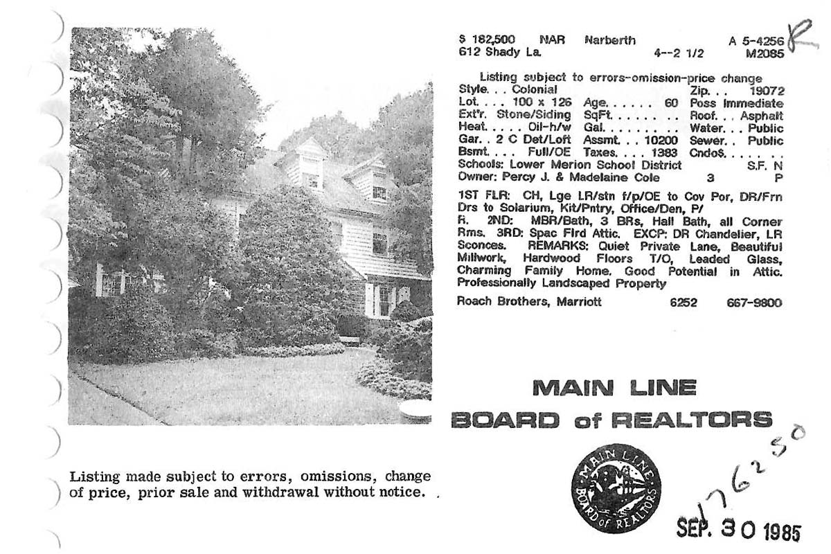 612 Shady Lane real estate listing, 1985
