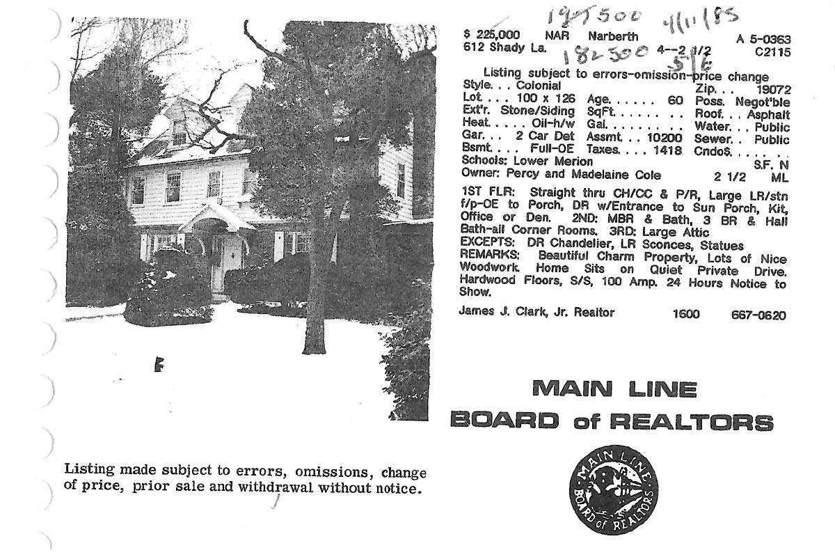 612 Shady Lane real estate listing, 1985