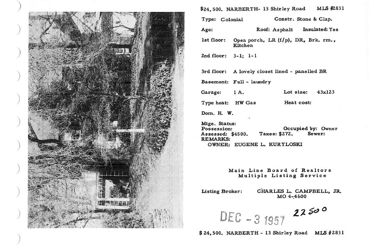 13 Shirley Road real estate listing, 1957