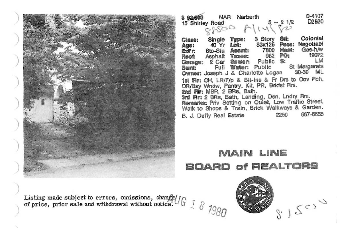 15 Shirley Road real estate listing, 1980