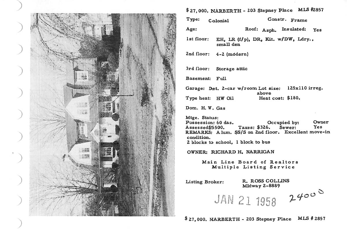 203 Stepney Place real estate listing, 1958