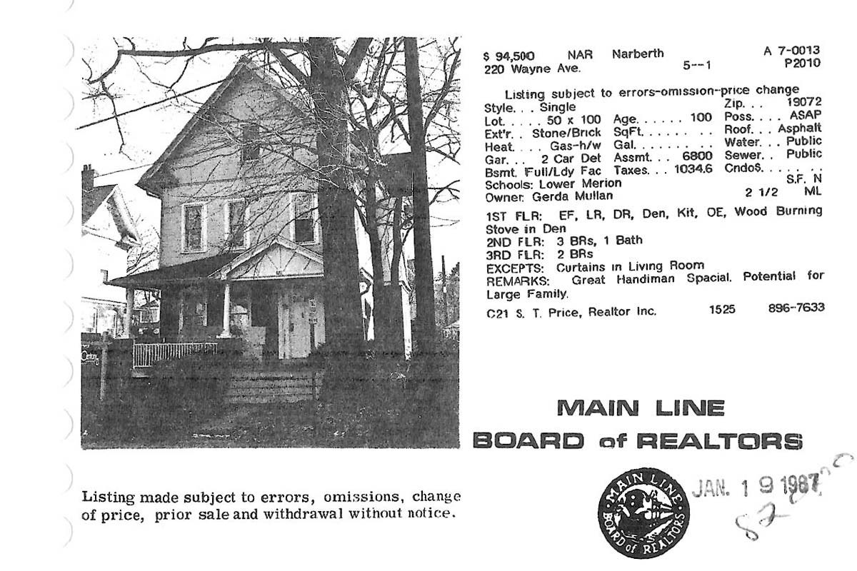 220 Wayne Avenue real estate listing, 1987