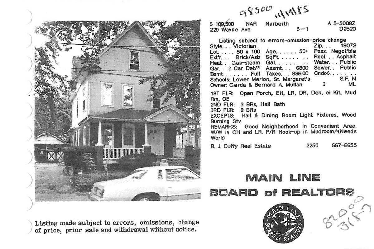 220 Wayne Avenue real estate listing, 1985