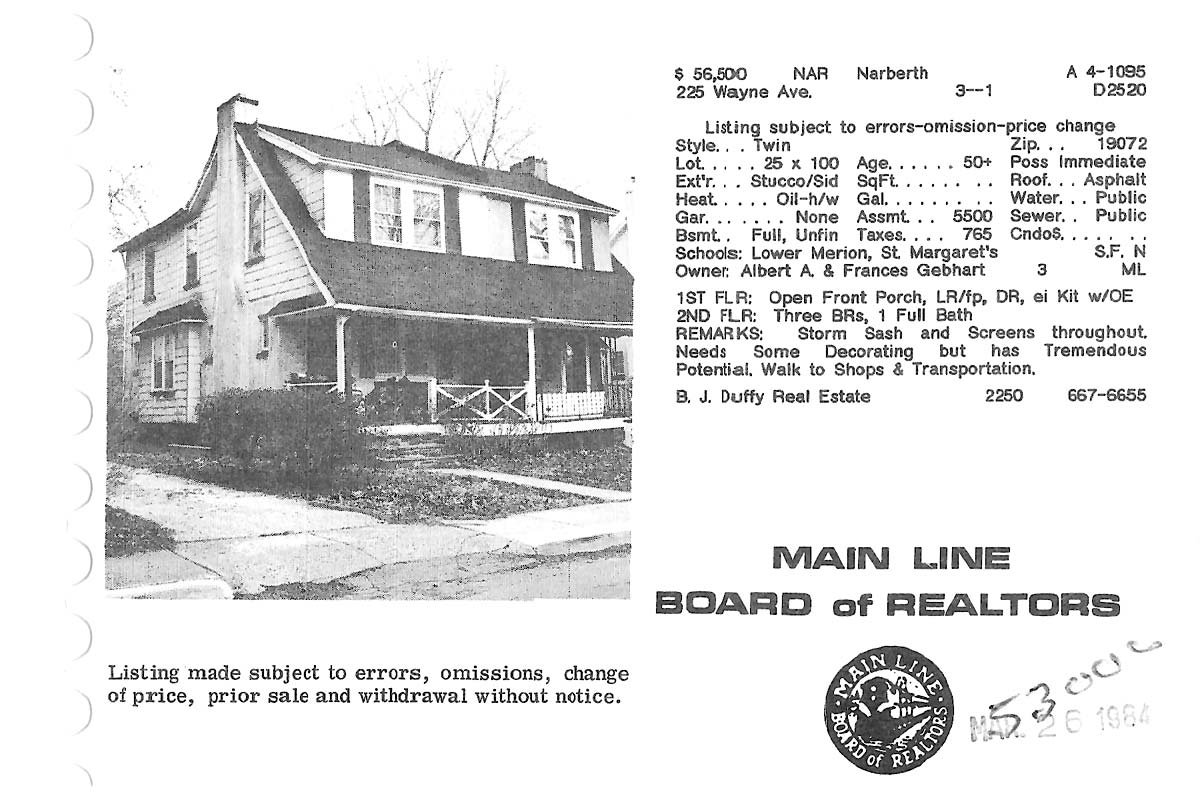 225 Wayne Avenue real estate listing, 1984