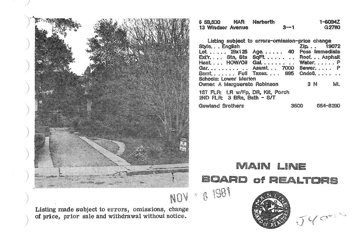 13 Windsor Avenue real estate listing, 1981