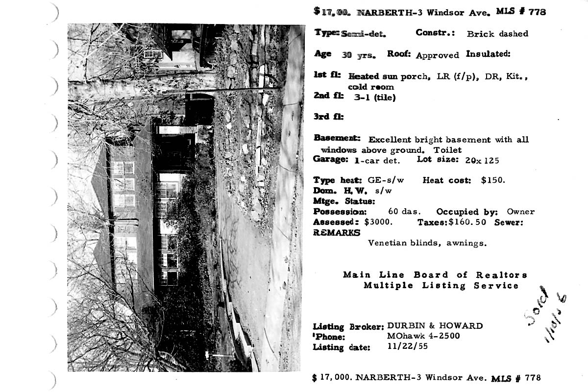 3 Windsor Avenue real estate listing, 1956