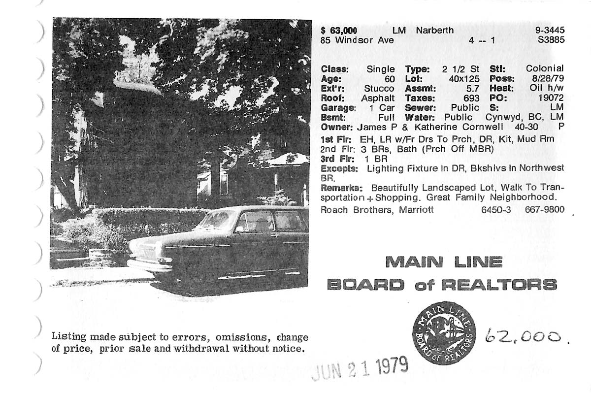 85 Windsor Avenue real estate listing, 1979