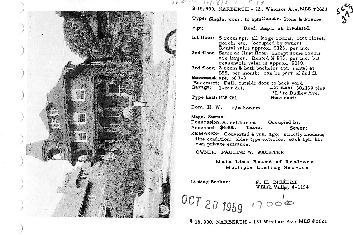 121 Windsor Avenue real estate listing, 1959