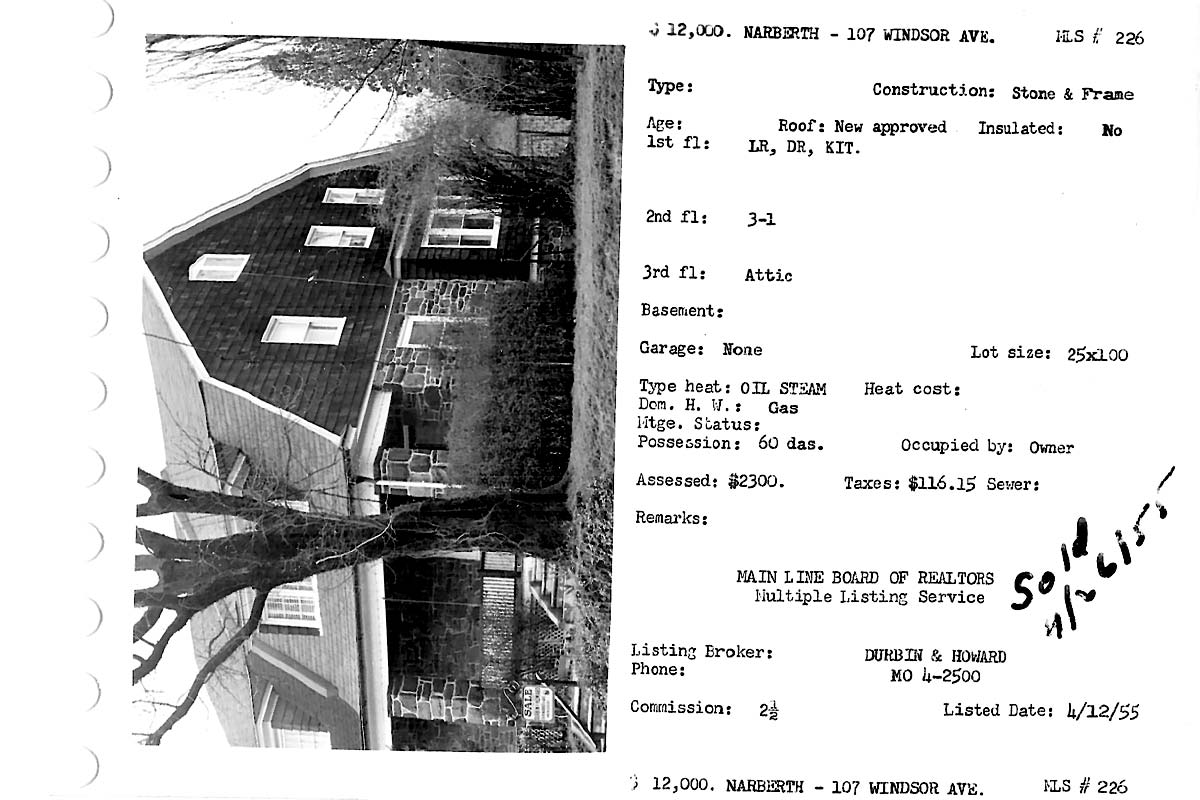 107 Windsor Avenue real estate listing, 1955