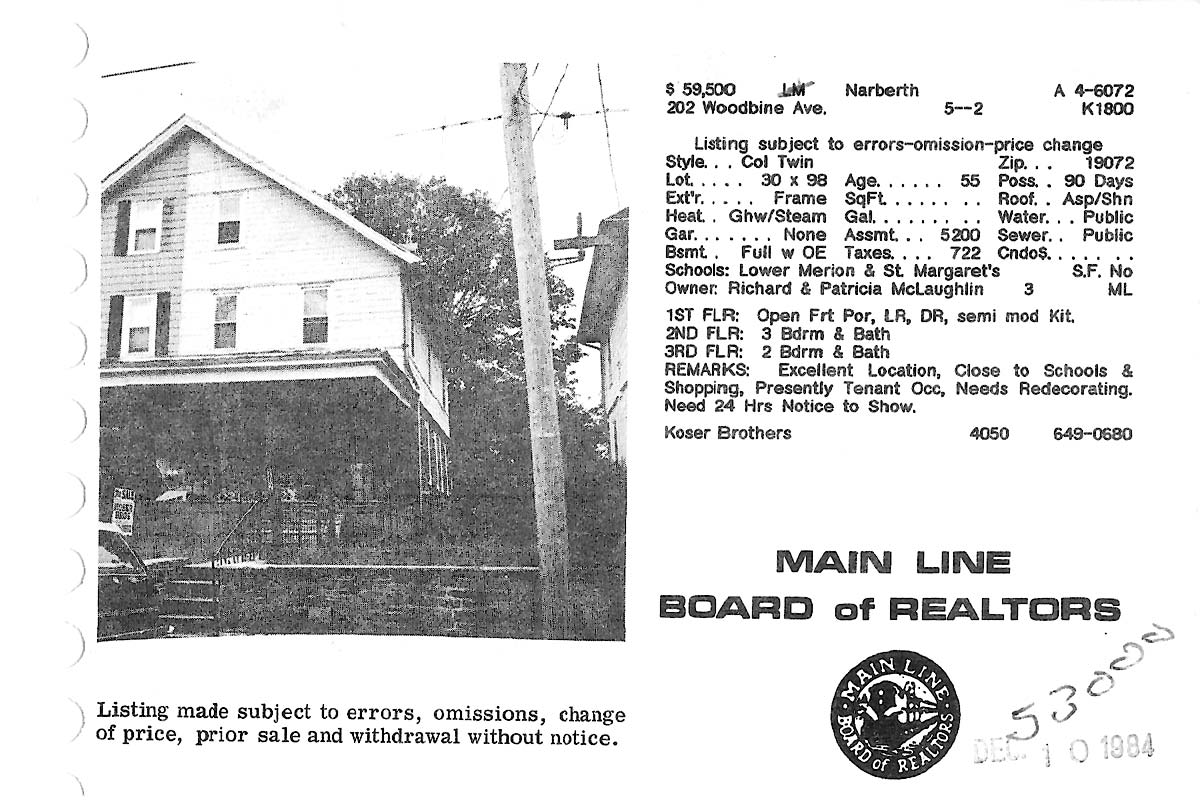 202 Woodbine Avenue real estate listing, 1984