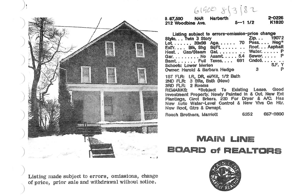 212 Woodbine Avenue real estate listing, 1982