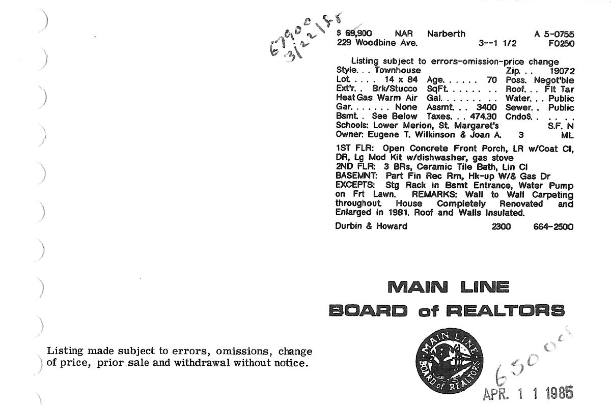 229 Woodbine Avenue real estate listing, 1985