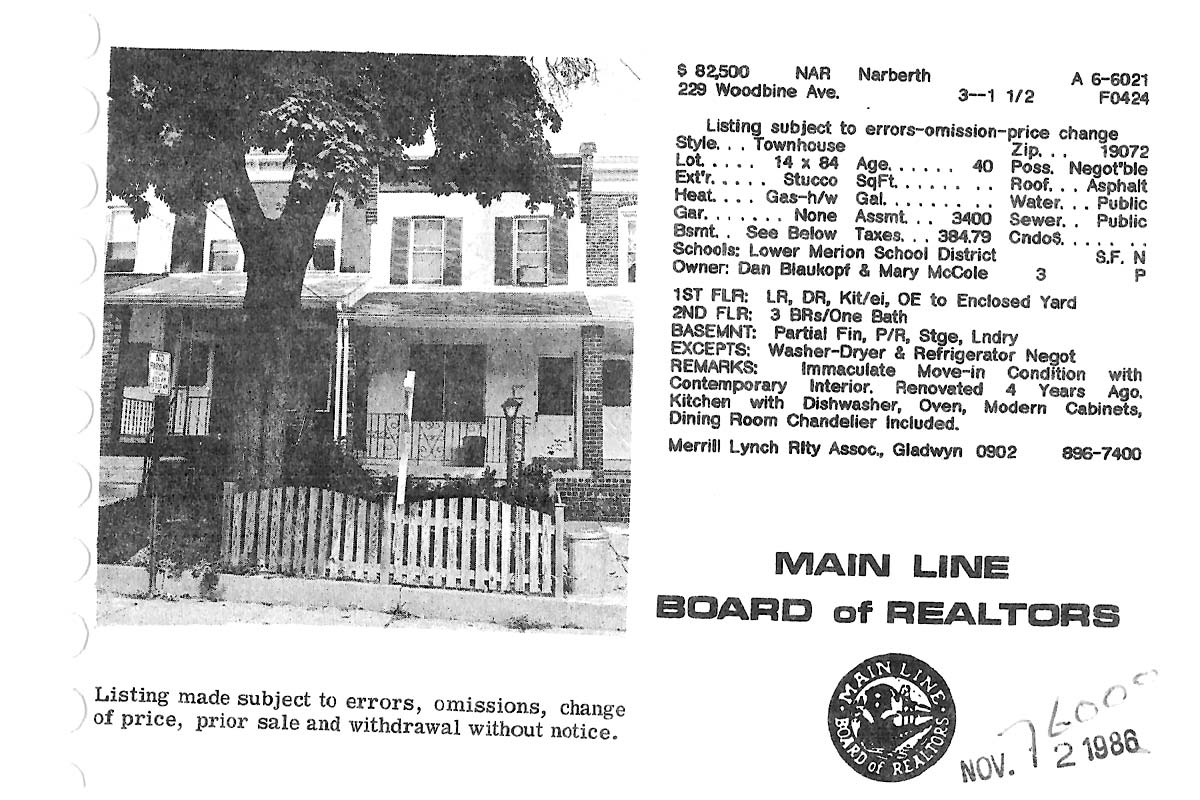 229 Woodbine Avenue real estate listing, 1986