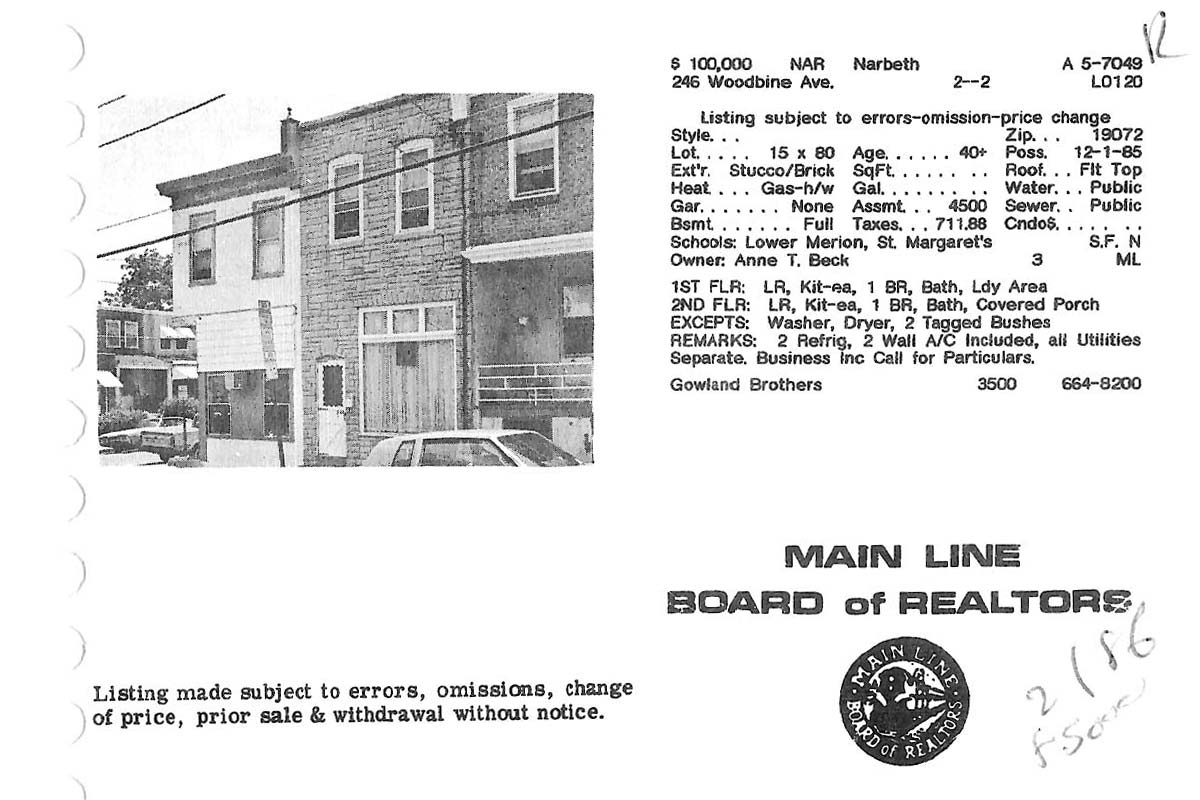 246 Woodbine Avenue real estate listing, 1985