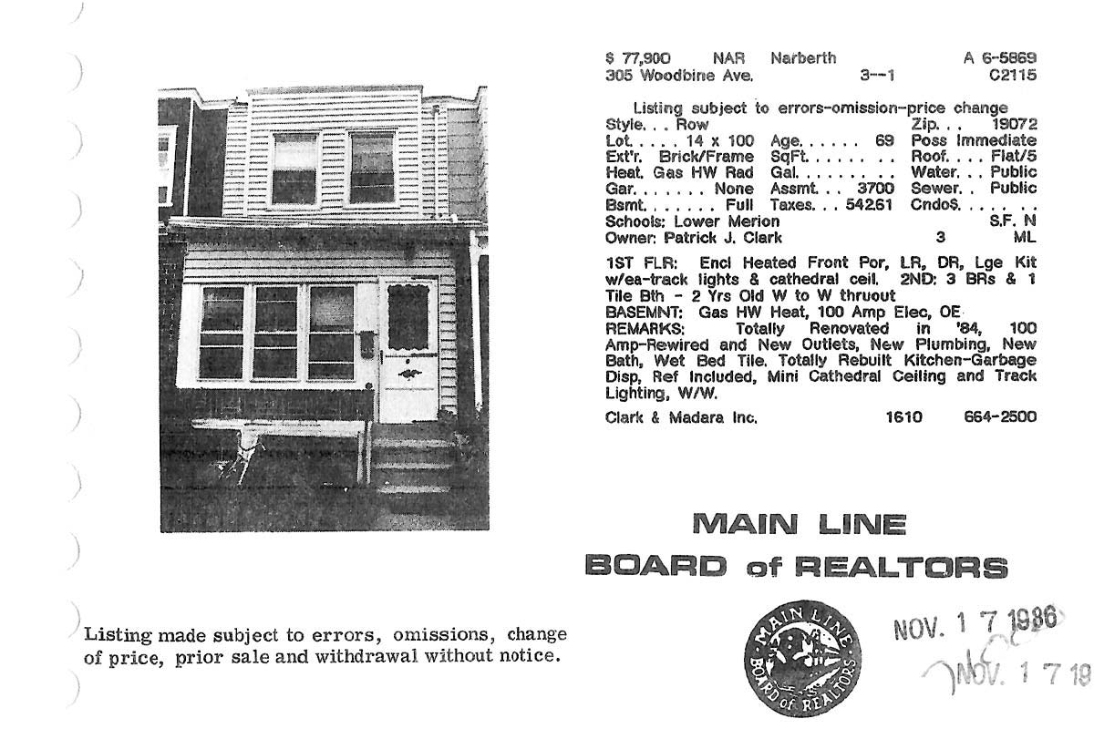 305 Woodbine Avenue real estate listing, 1986