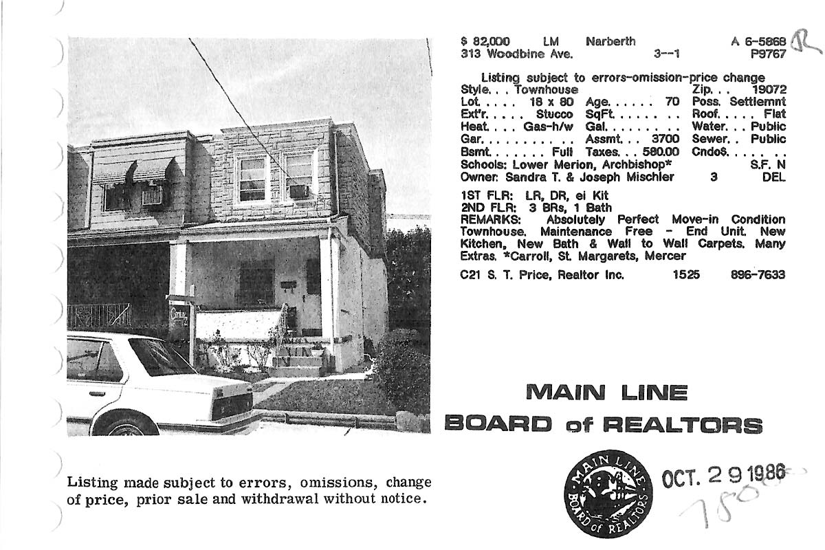 313 Woodbine Avenue real estate listing, 1986