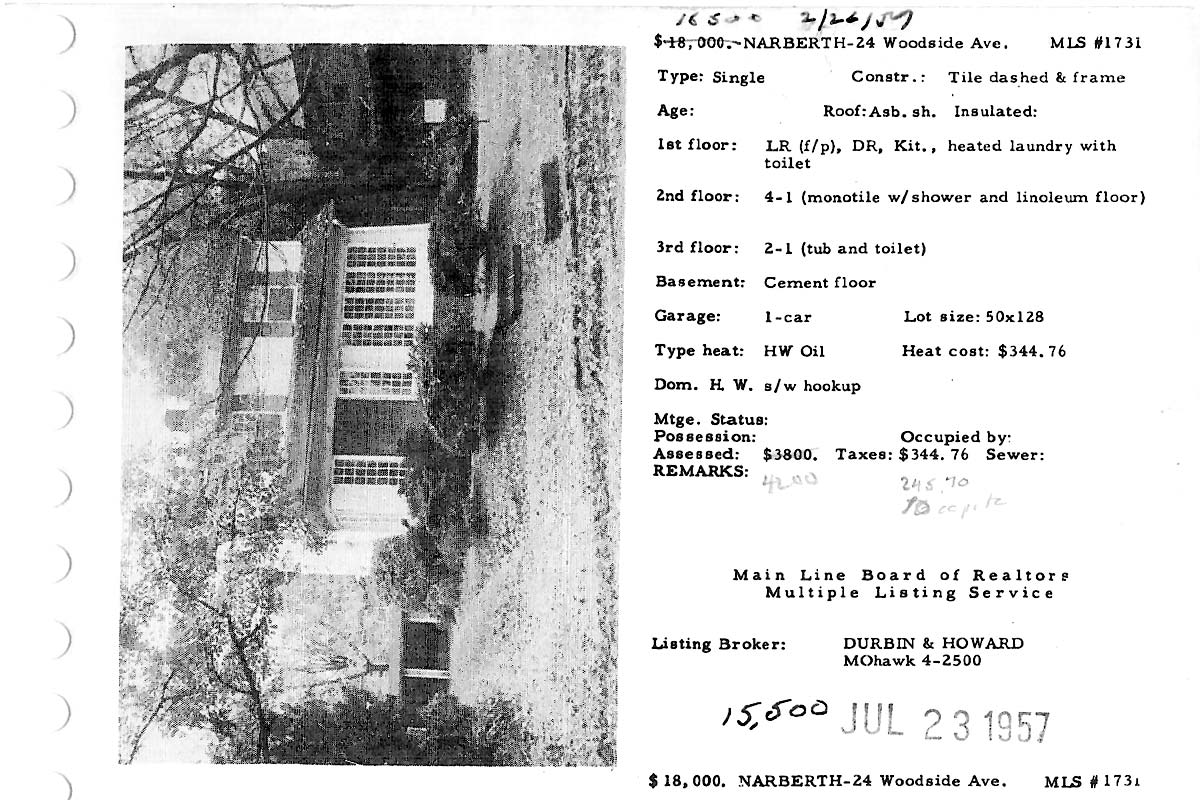 24 Woodside Avenue real estate listing, 1957