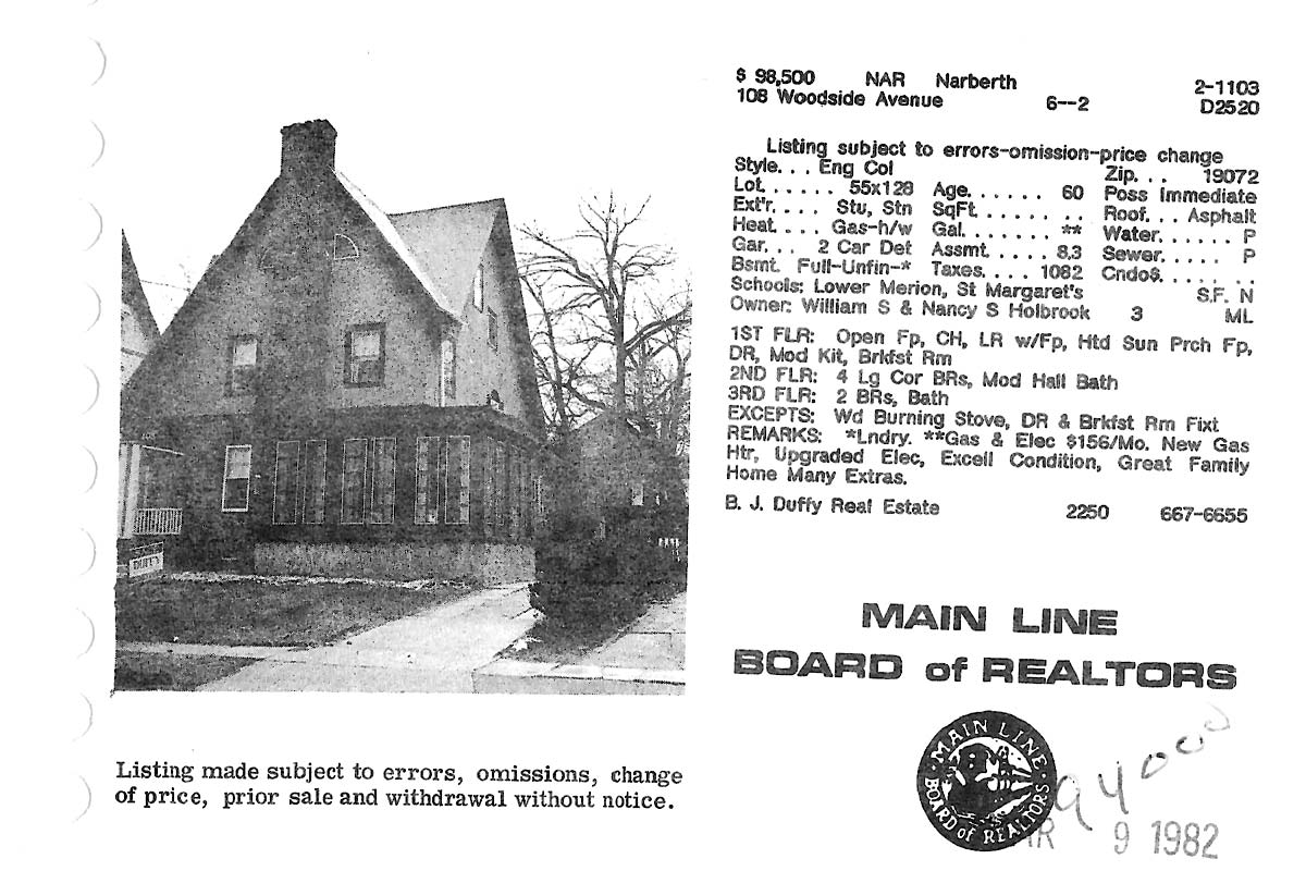 108 Woodside Avenue real estate listing, 1982