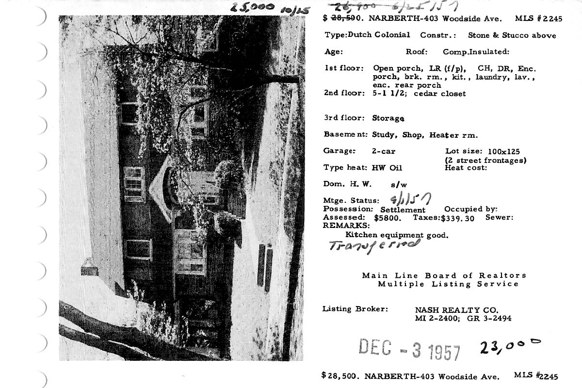 403 Woodside Avenue real estate listing, 1957