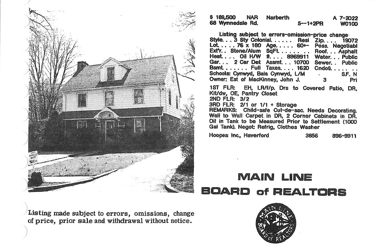 68 Wynnedale Road real estate listing, 1987