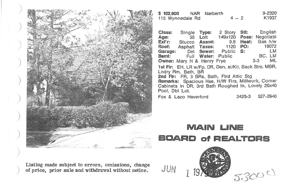 115 Wynnedale Road real estate listing, 1979