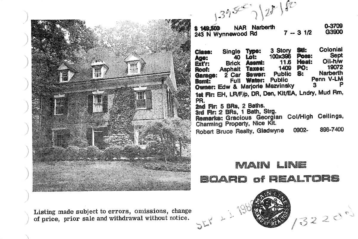 243 N. Wynnewood Avenue real estate listing, 1980