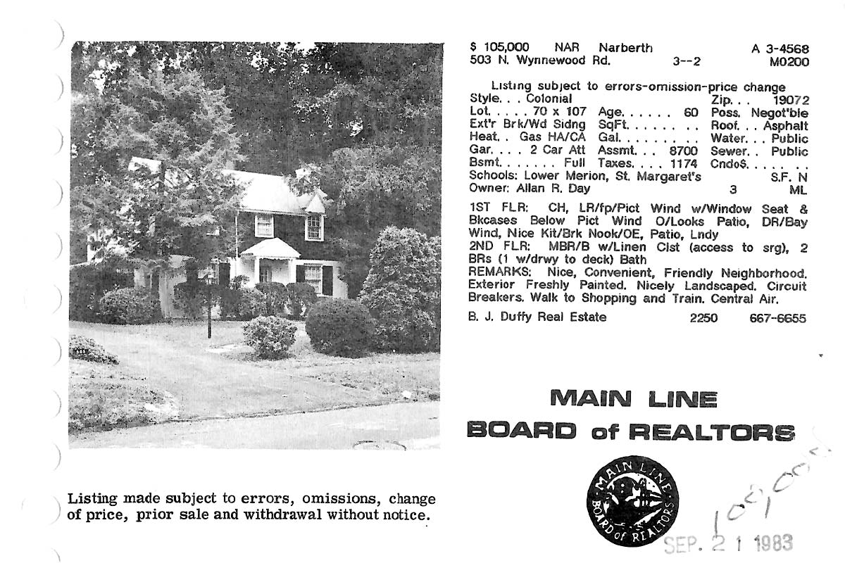 503 N. Wynnewood Avenue real estate listing, 1983