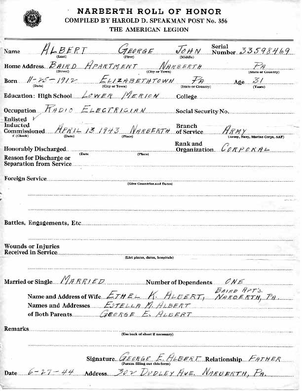 Roll of honor form for George Albert