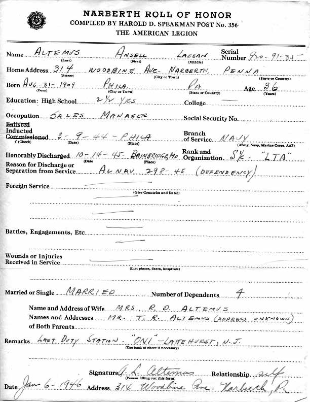 Roll of honor form for Ansell Altemus