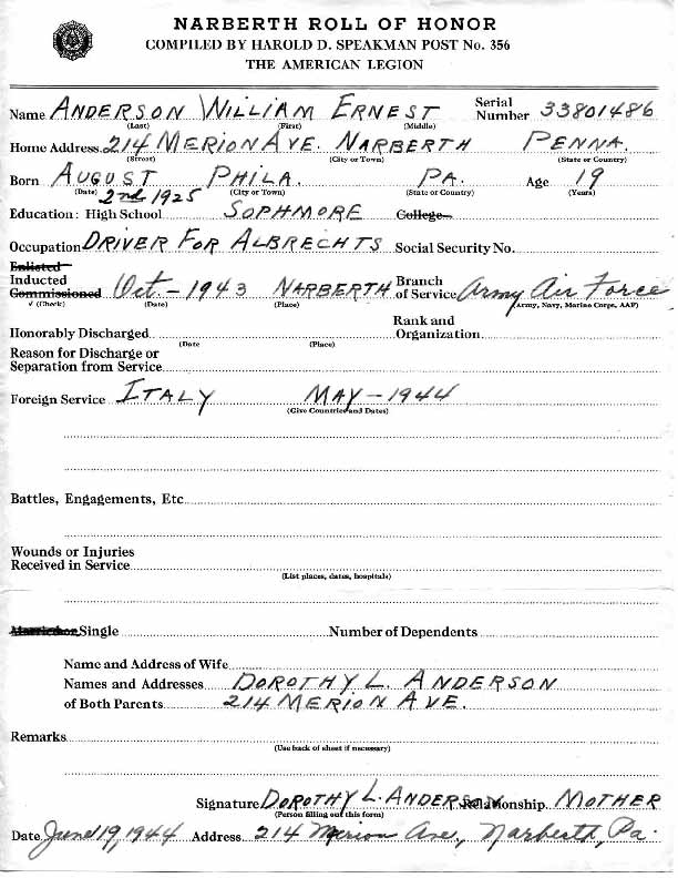 Roll of honor form for William Anderson