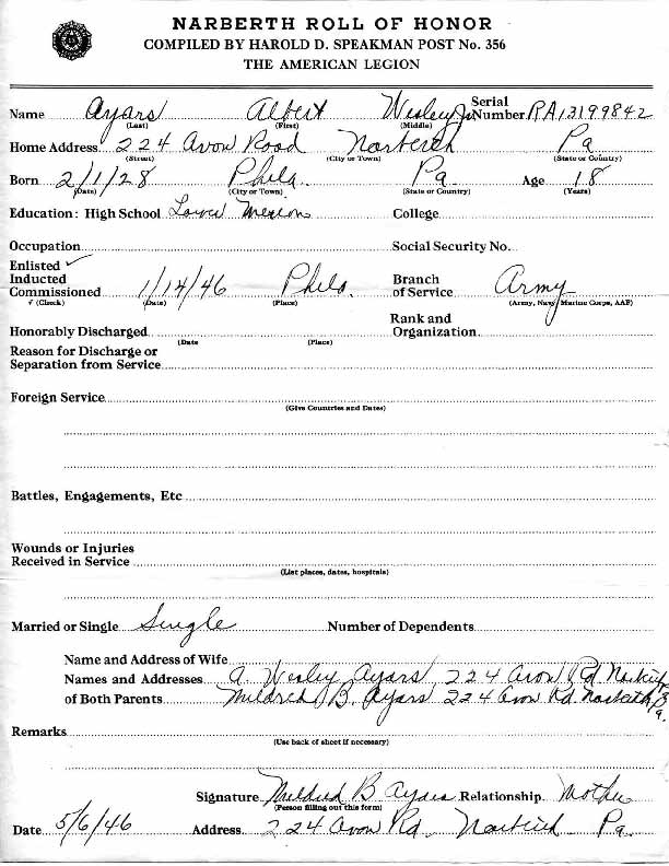 Roll of honor form for Albert Ayars