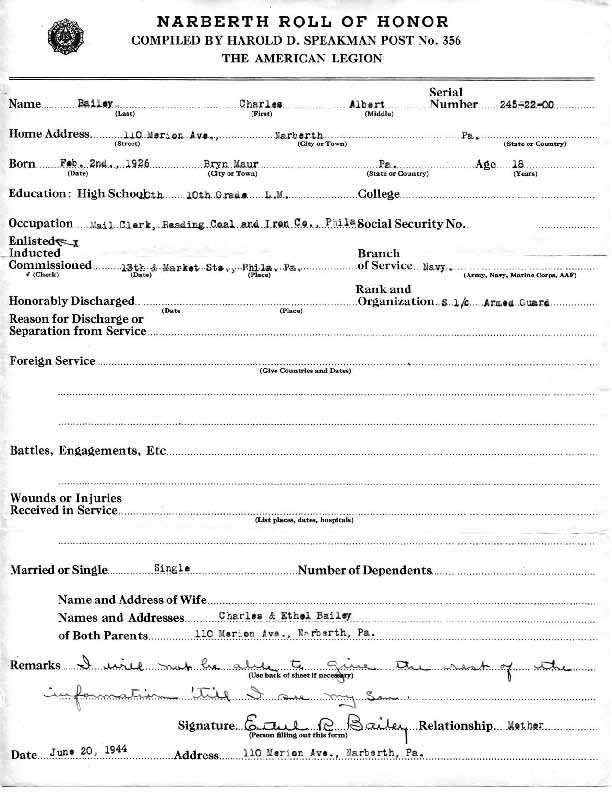 Roll of honor form for Charles Bailey