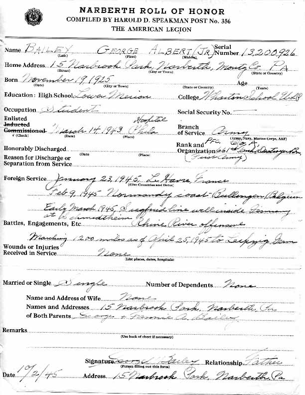 Roll of honor form for George Bailey