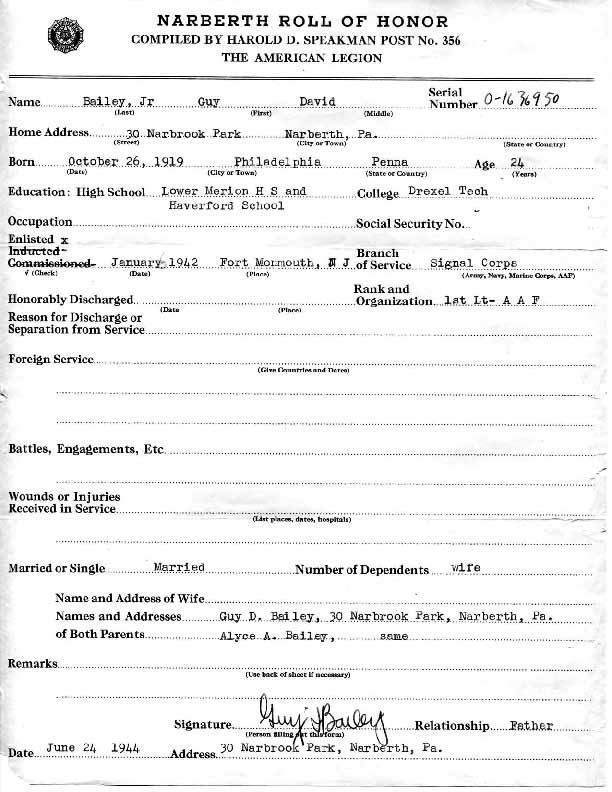 Roll of honor form for Guy Bailey
