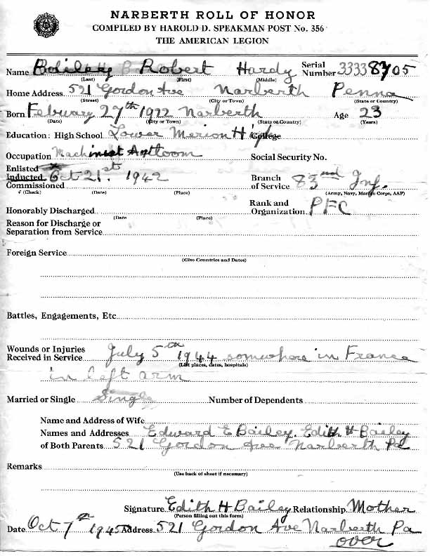 Roll of honor form for Robert H Bailey, front