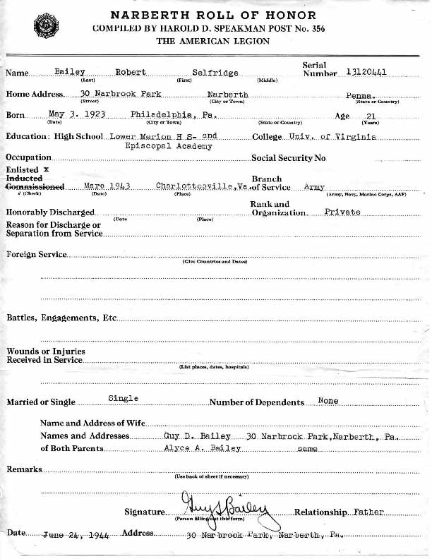 Roll of honor form for Robert S Bailey