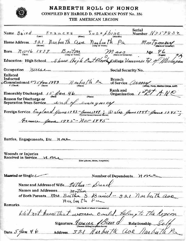 Roll of honor form for Frances Baird